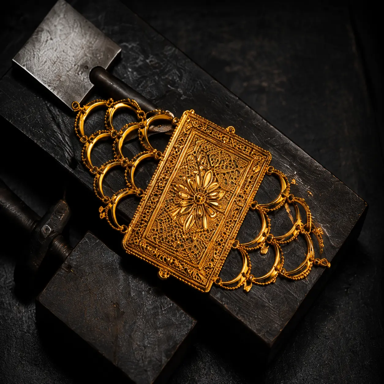 Rectangular 22K gold filigree locket pendant with crescent side links