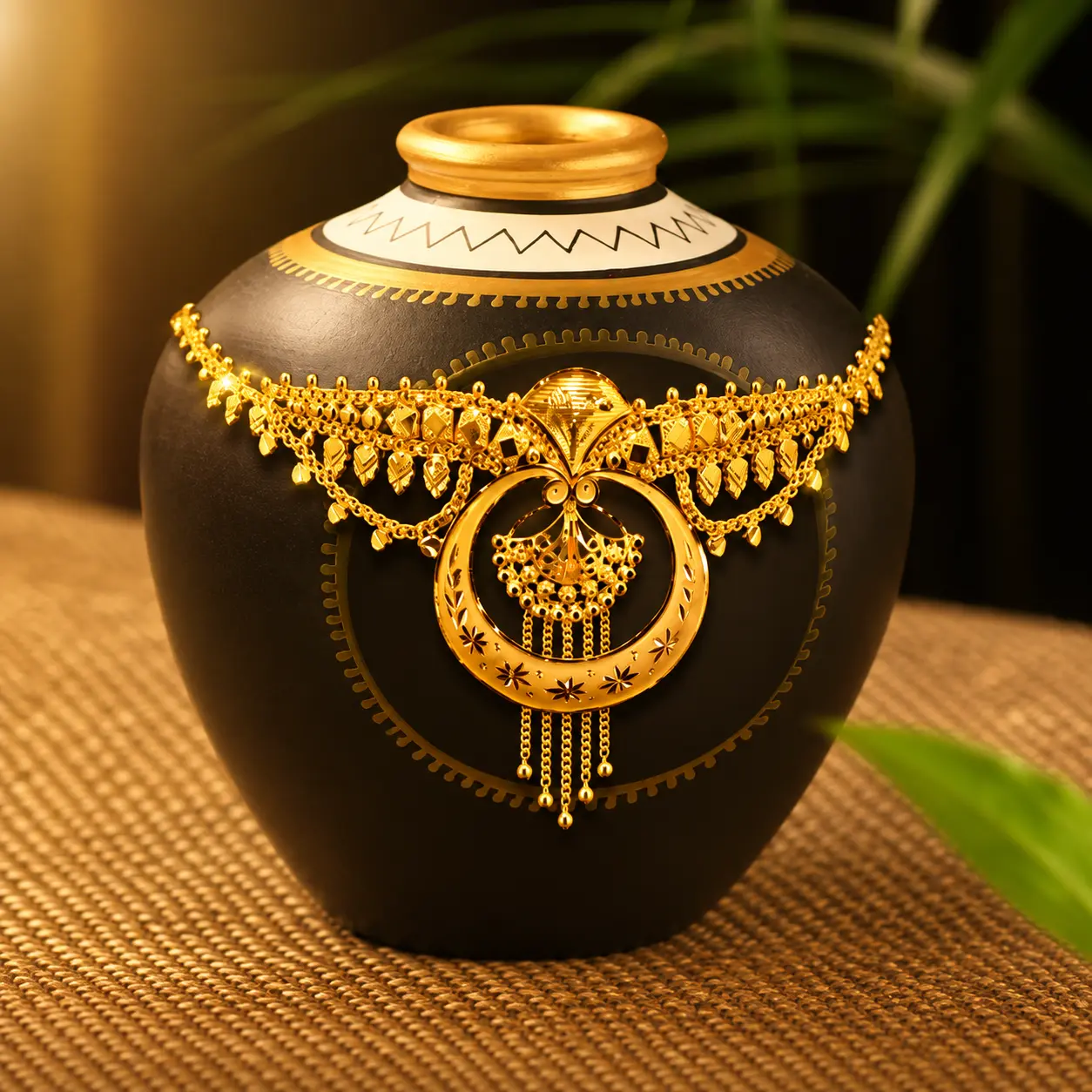 Gold chandrahaar necklace with crescent pendant and chain tassels