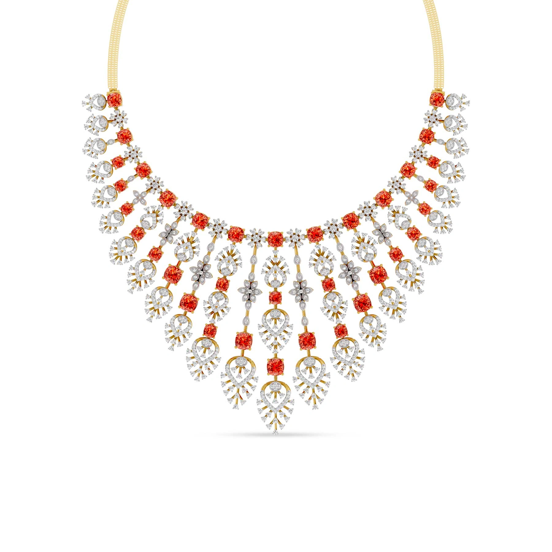 Grand diamond bridal necklace with orange coral cushion stones and cascading floral fringes