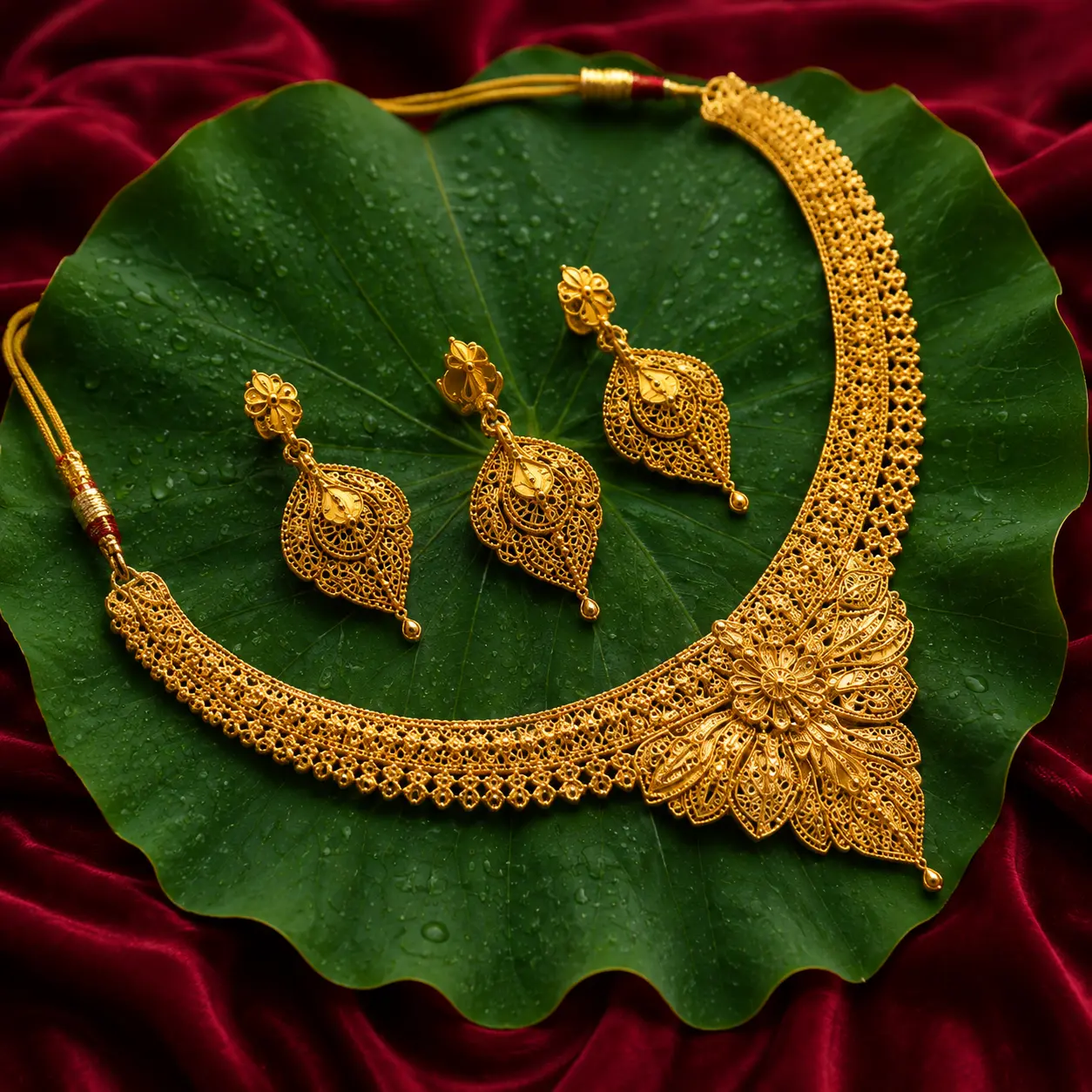 Gold filigree bridal necklace with matching drop earrings on a lotus leaf