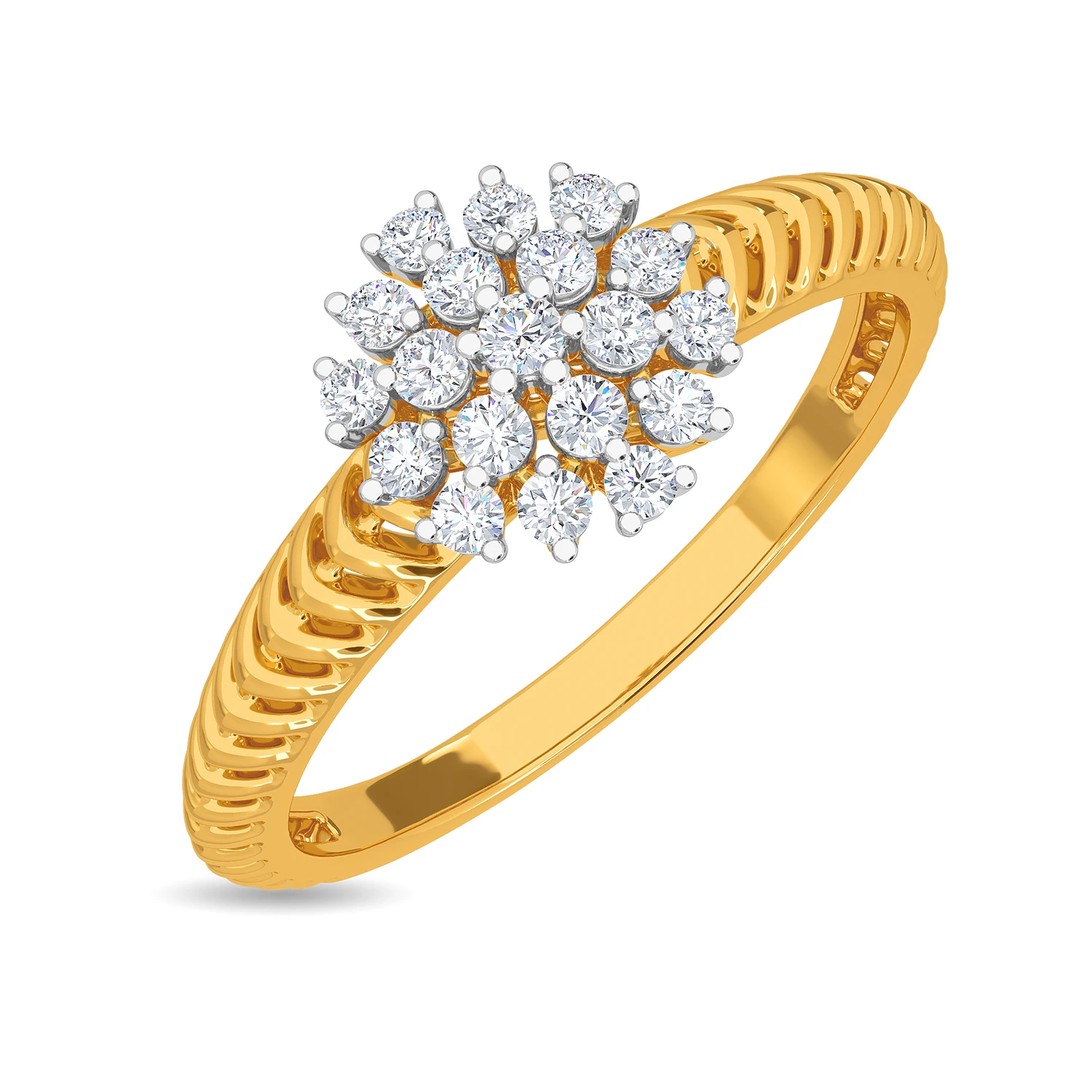 18K yellow gold ring with a starburst cluster of round brilliant diamonds