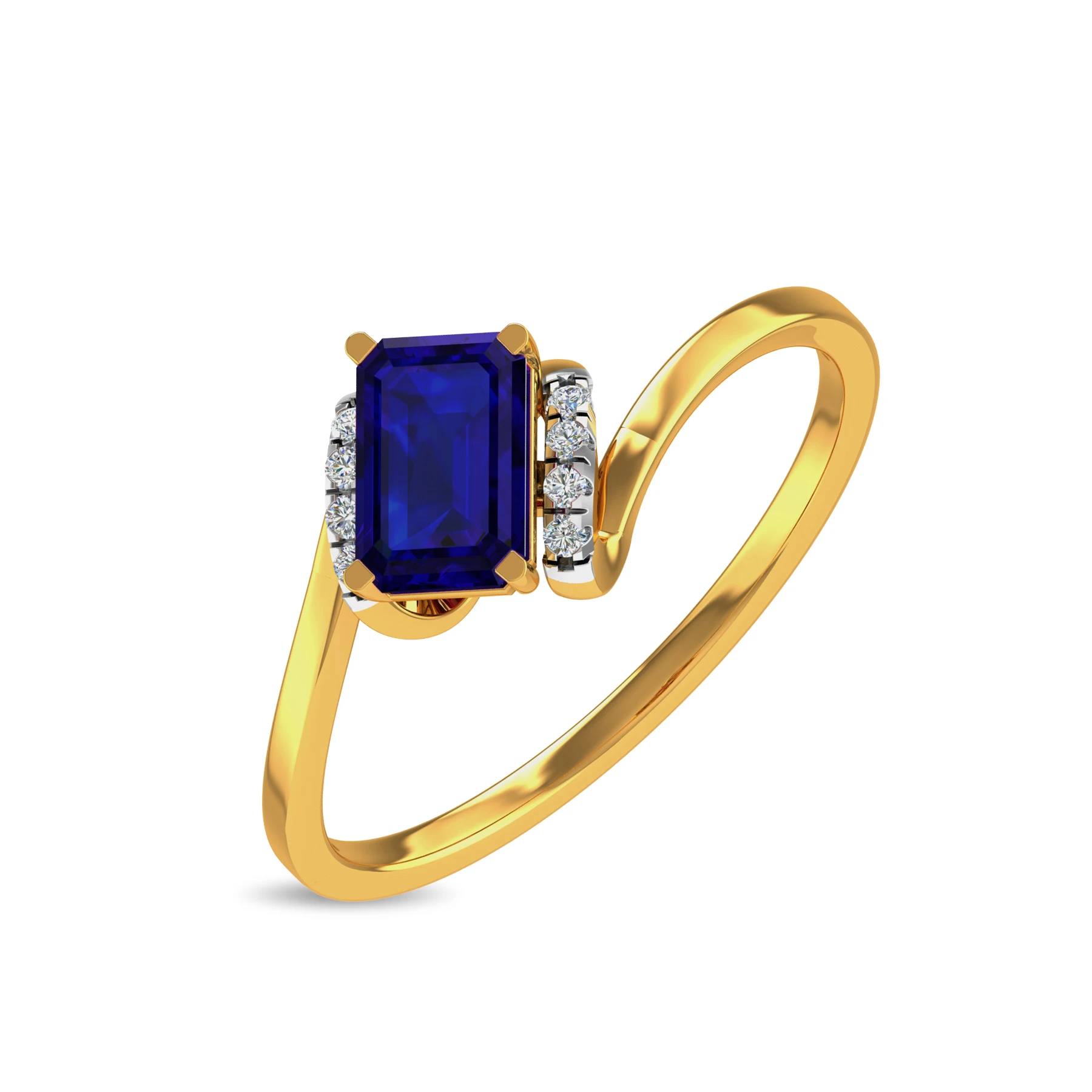 Gold bypass ring with an emerald cut blue sapphire and diamond accents