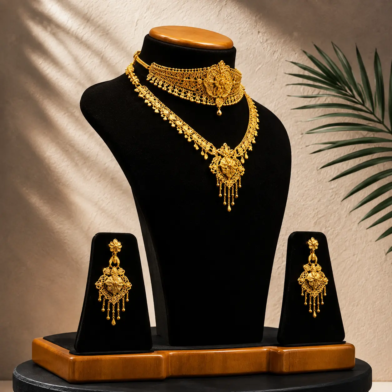 Two-layer gold bridal set with filigree choker, long haar and drop earrings