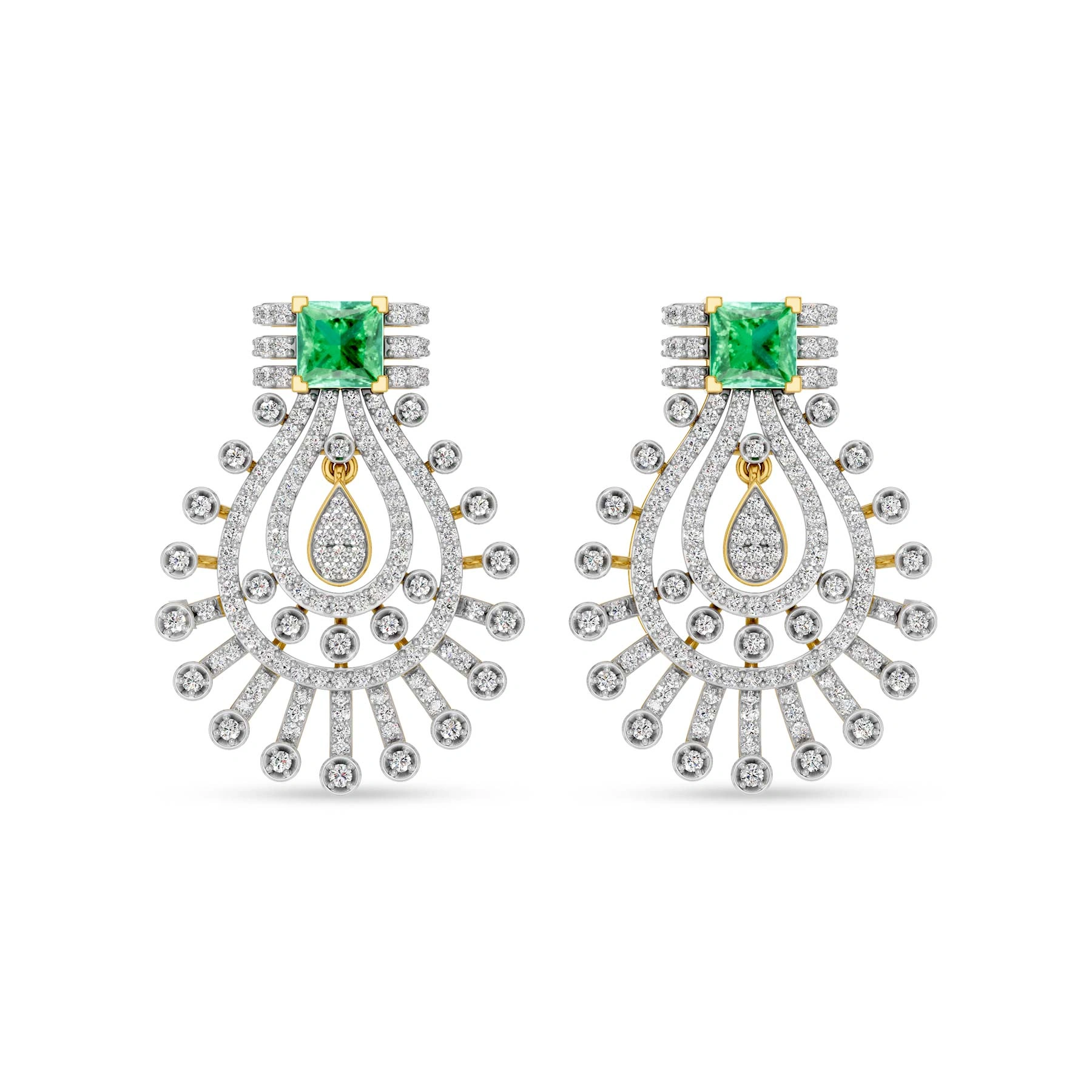 Large diamond chandbali earrings with square emerald tops and radiating diamond spokes