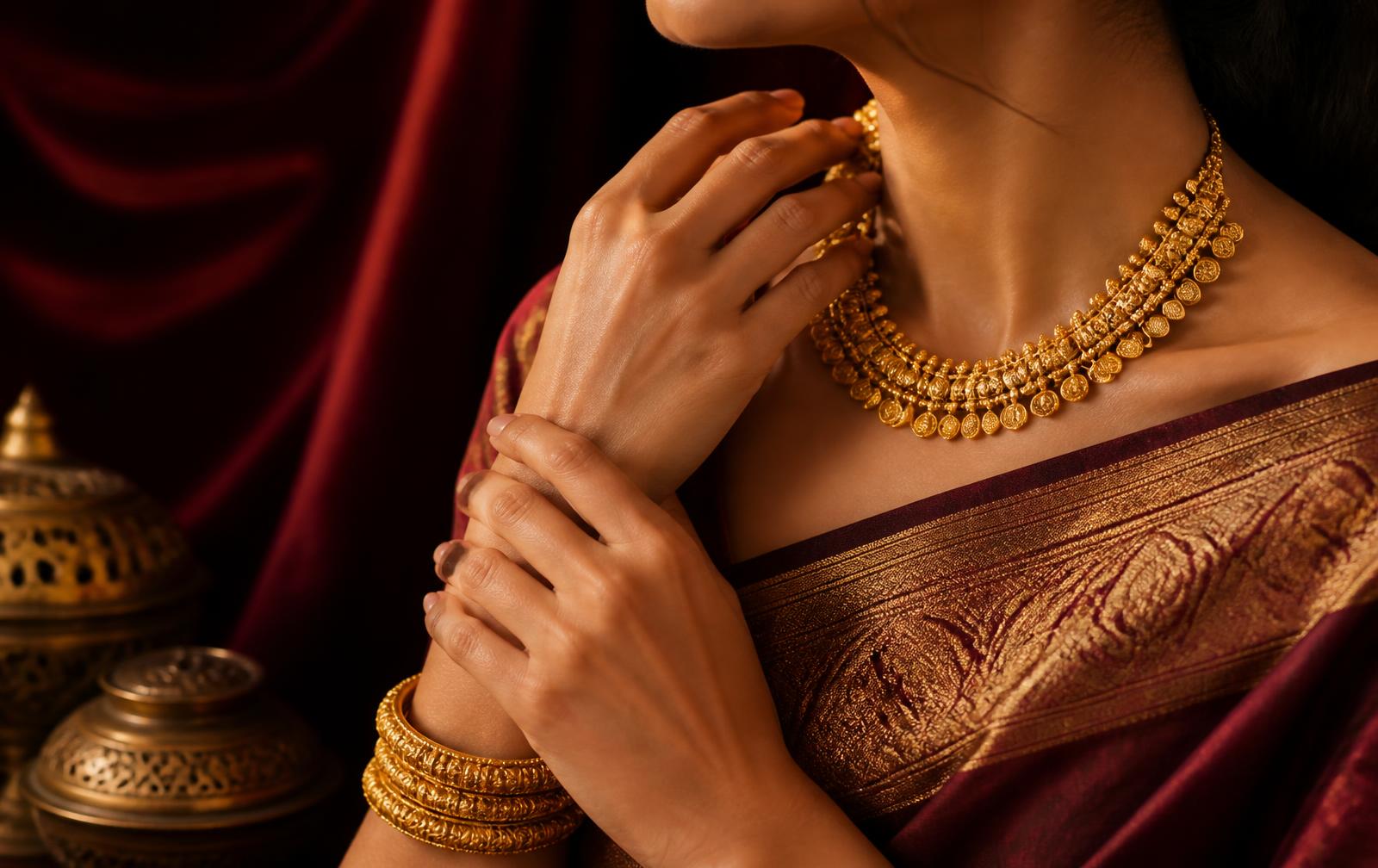Woman wearing a 22K gold coin necklace and gold bangles against maroon velvet
