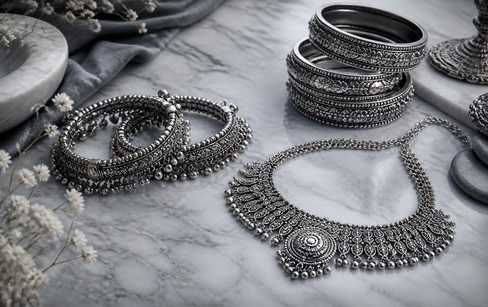 Oxidised silver anklets, bangles and necklace arranged on grey marble