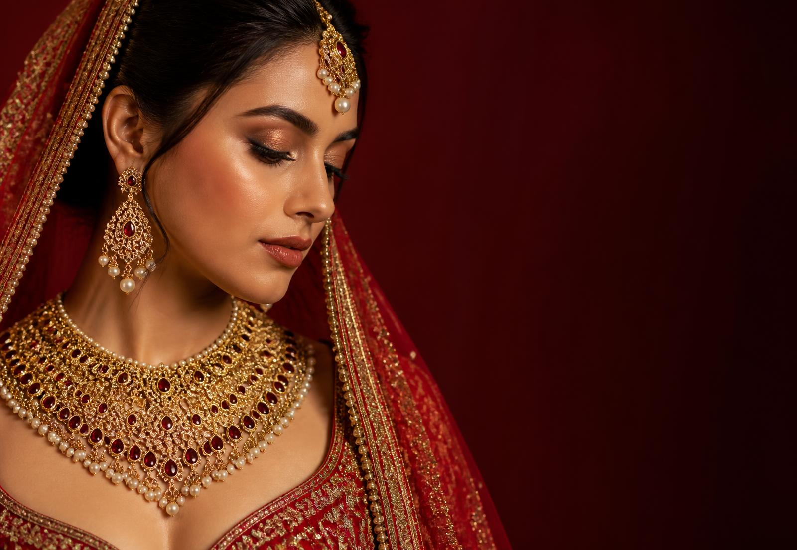 Bride wearing a handcrafted Bijali gold and ruby bridal necklace