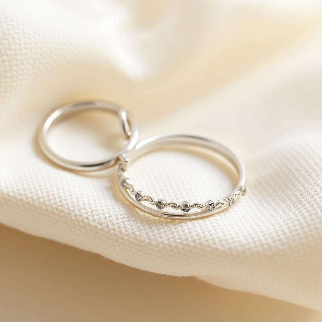 Pair of slim sterling silver stacking rings, one set with tiny marcasite stones